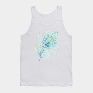 Turquoise Peacock Feather on White Tank Top